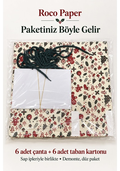 Yılbaşı Temalı İpli Karton Hediye Çantası, 1 Adet-20x14x25 Cm Yeniyıl Çam Ve Kurabiye Desenli Poşet