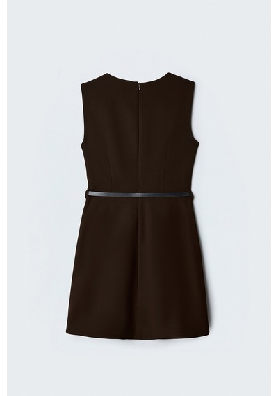 Sateen Kemerli Mini Elbise - Kahve-137568