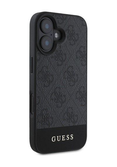 Apple iPhone 16 Uyumlu Kılıf Guess Lisanslı Magsafe Şarj Özellikli Pu Deri Şerit Logo Dizaynlı Siyah