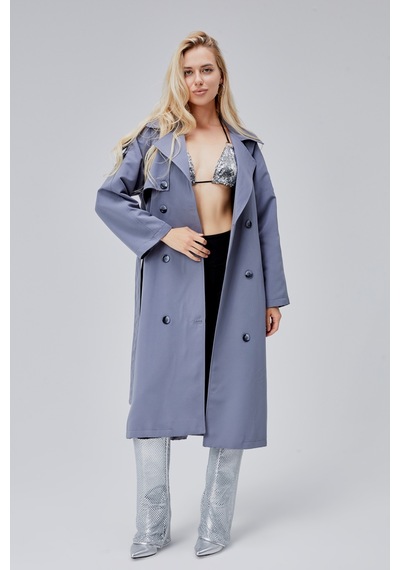 Gri Oversize Astarlı Uzun Trençkot