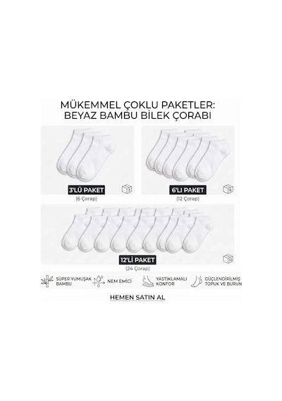 Çorap Giyim Kadın Bambu Patik Çorap 6 Lı Paket, Siyah Beyaz Gri, Nefes Alan Nem Emici Yumuşak Günlük Spor Bilek Çorabı