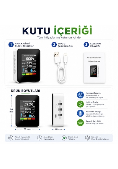 5'i 1 Arada Dijital Hava Kalitesi Ölçer Co2 Tvoc Hcho Sıcaklık Nem Ölçer Şarjlı Hava Kalitesi Dedektörü Hd Ekranlı Beyaz