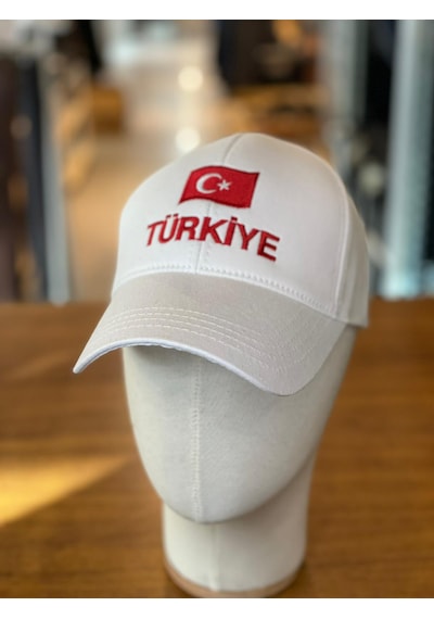 Hamze Türkiye Bayrak Nakış Pamuklu Unisex Cap Şapka Beyaz