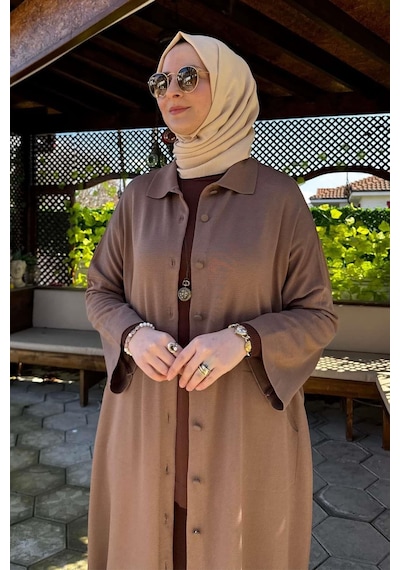 Rabia Şamlı Panço Triko Hırka Sütlü Kahve Normal