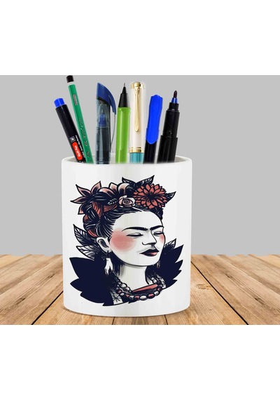 Kahlo Baskılı Kaktüs Sukulent Saksı Kalemlik