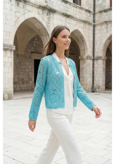 Sayzen Your Shine Dantel Desenli Gold Düğmeli Basic Ceket Shn-2602-tg Gök Mavi