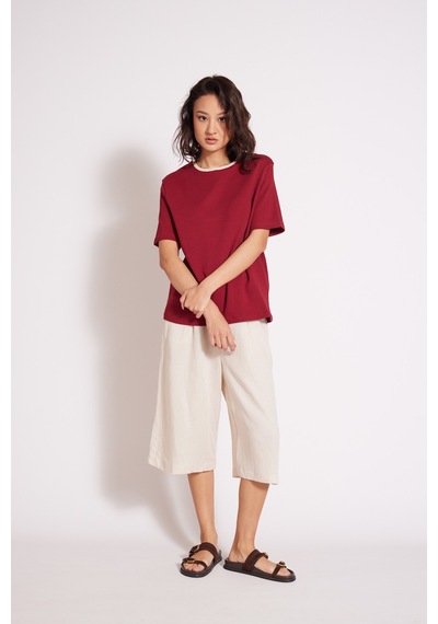 Pamuklu Kısa Kollu Kontrast Bisiklet Yaka T-shirt Bordo
