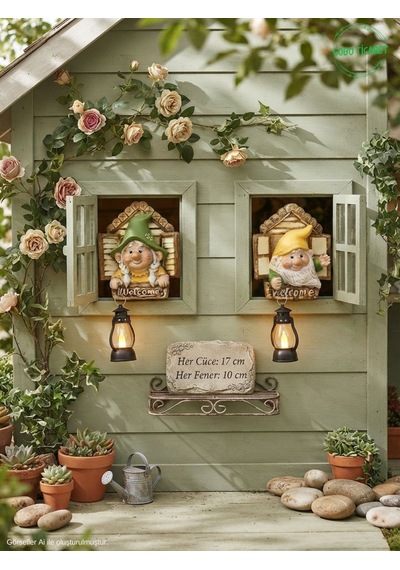 Dekoratif Fenerli Welcome Cüce Çifti 2li Set Dekoratif Kapı Ve Duvar Süsü Renk Seçenekli 17x15 Cm. Kırmızı Sarı