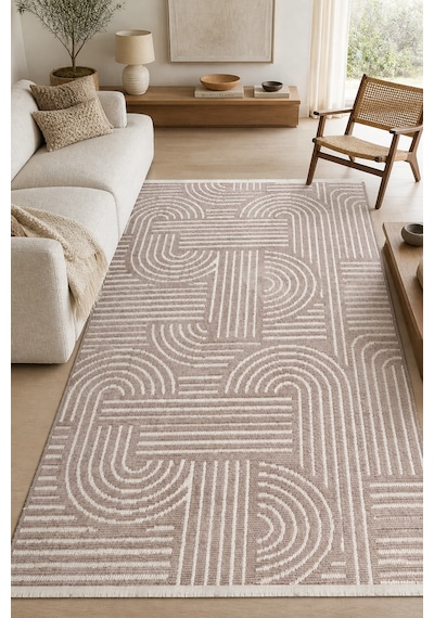 Zelve Geometrik Vizon/beyaz Kaymaz Taban Yıkanabilir Salon Halısı
