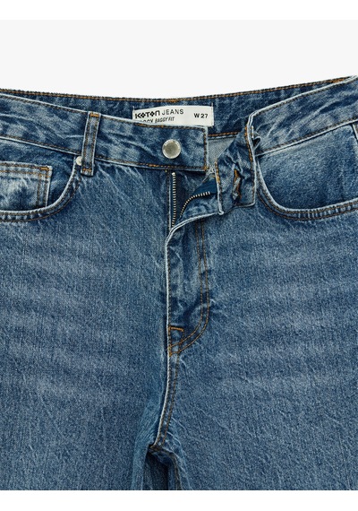 Koton Normal Bel Cepli Düğmeli Düz Paça Bol Kalıp Denim Pantolon - Baggy Jean Orta İndigo 6sal40193md