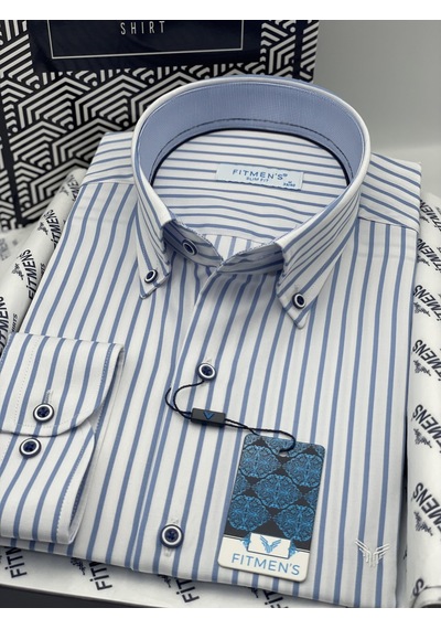 Slim Fit Uzun Kol Premium Kalın Çizgili Yaka Düğmeli Hediye Kutulu Kolay Ütülenebilir Erkek Gömlek Fs-001375 - Beyaz Açık Mavi-1494