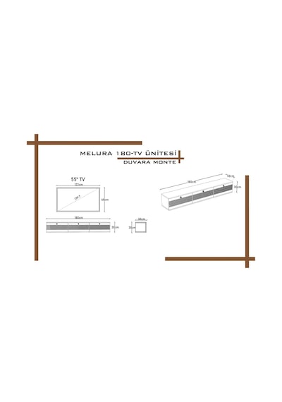Melura Tv Ünitesi - Tv Sehpası 180 Cm Duvara Monte %100 Mdf Gri