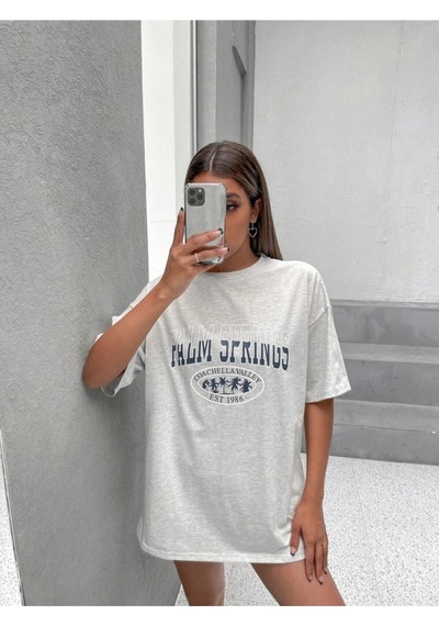 Palm Springs T-shirt - Gri Baskılı Oversize Bisiklet Yaka Kısa Kol Tişört Gri