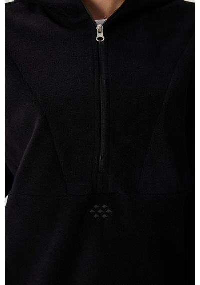 Tommy Life Siyah Kalın Yumuşak Dokulu Kapüşonlu Oversize Nakışlı Polar Kadın Sweatshirt -97286 Siyah