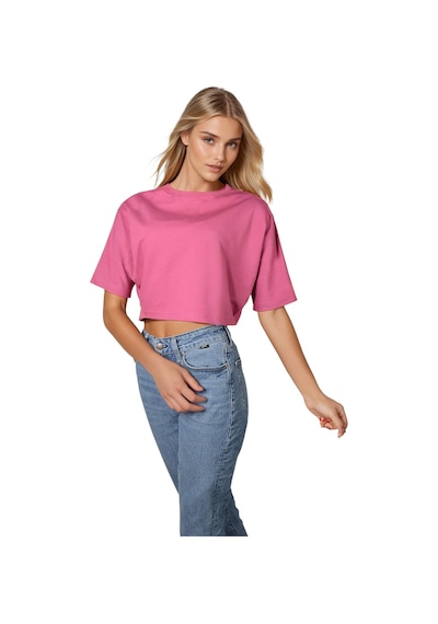 Pembe Bisiklet Yaka Rahat Kalıp Yarasa Kol Pike Kadın Crop T-shirt Pembe