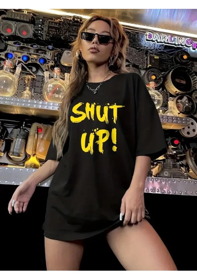 Kadın Tişört Shut Up Baskılı Bisiklet Yaka Kısa Kol T-shirt - Siyah