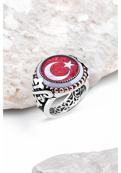 Mineli Türk Bayrağı Kenarı Çember Taşlı Gümüş Erkek Yüzük -4698