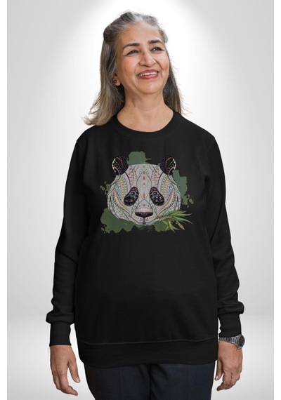 Panda Mandala Unisex Siyah Baskılı Sweatshirt Siyah