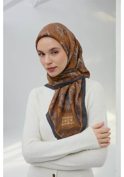 Silk Home Viskon Velora Eşarp Antrasit-kehribar Desenli Kaymaz Tok Duruşlu 90x90 Çok Renkli
