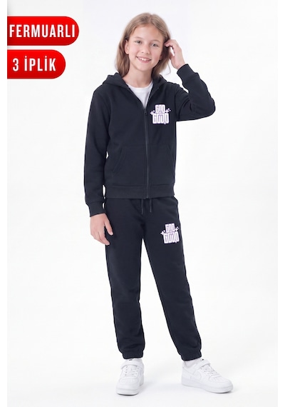 Fyk Kids 3 İplik Kız Çocuk Baskılı Kapüşonlu Fermuarlı Eşofman Takımı Siyah Fyk Kids 3 İplik Kız Çocuk Baskılı Kapüşonlu Fermuarlı Eşofman Takımı Siyah