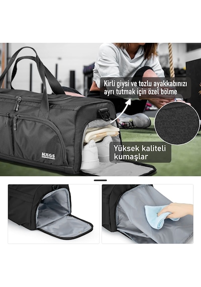 Haegs Spor Çantası, 10 Cepli, Ayakkabı Bölmeli, Islak Keseli, Organizer Tasarım Bay Bayan Çanta Gri
