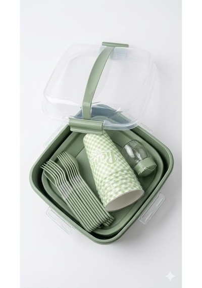 Titiz Lovely 32 Parça 6 Kişilik Piknik Seti Bpa Free Kapaklı Taşınabilir Piknik Sepeti Yeşil