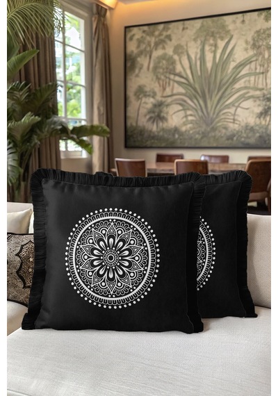 Mandala Motifli Saçaklı Yastık Kılıfı - Bohem Siyah Beyaz Püsküllü Kırlent Kılıfı Orman Nane Yeşili