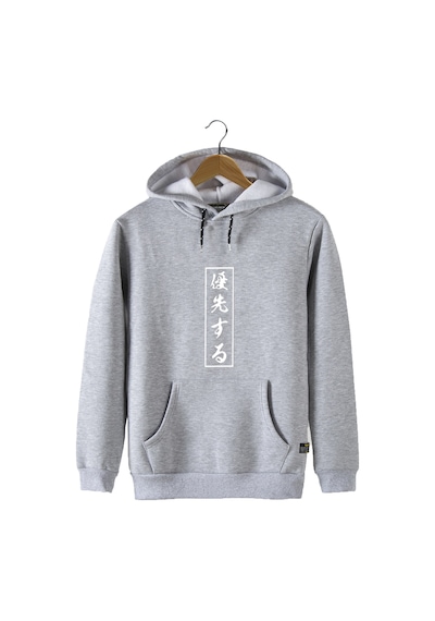 Unisex Gri Kapüşonlu Önü Japonca Harf Baskılı Slim Fit Kanguru Cepli Sweatshirt Gri
