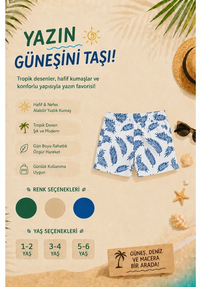 Overmax Palmiye Baskılı Çocuk Şort 1-6 Yaş Trend Yazlık Takım Mavi - 903189474 Mavi