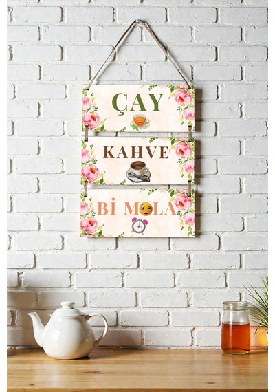Çay Kahve Mola 3'lü Ipli Mdf Tablo Seti, Ev, Mutfak Cafe, Restoran Ahşap Duvar Süslemesi