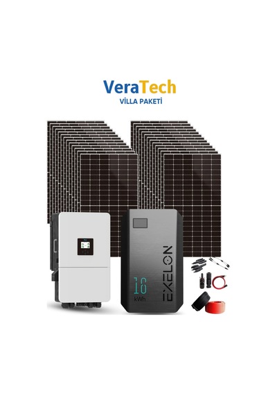 Veratech 15kw Villa Solar Paketi - 600w Topcon Half Cut Günaş Paneli, 15kw Hibrit İnverter, 15kw Lityum Batarya