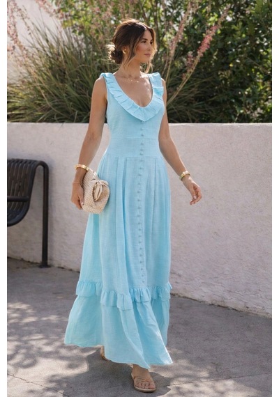 Asprinfashion V Yaka Önü Süs Düğmeli Keten Elbise Mavi
