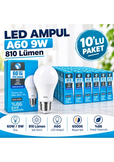10 Adet 9 W E 27 Duy Beyaz Işık Led Ampul 10 Lu Paket