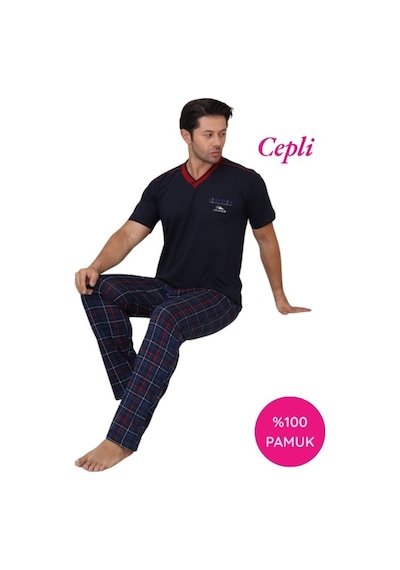 Erkek V Yaka Ekose Desen %100 Pamuk Kısa Kol Cepli Pijama Takımı Lacivert