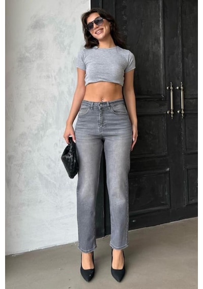 Gri Yüksek Bel Kadın Mom Fit Pantolon Mg2389