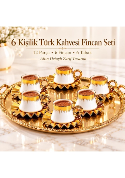 6 Kişilik 12 Parça Türk Kahvesi Fincan Seti 100 Ml Beyaz Gold Detaylı Porselen Çok Renkli
