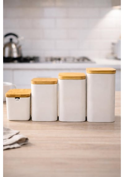 4 Lü Porselen Kavanoz Seti Bambu Kapaklı Çay,şeker,kahve,tuz Kavanozu Saklama Kabı Tezgah Üstü Beyaz