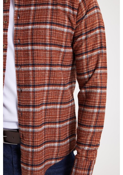 Tudors Erkek Slim Fit Dar Kesim Kareli Kışlık Oduncu Gömlek-42373 Kiremit