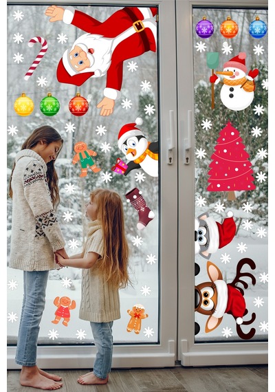 Yılbaşı Sticker Noel Baba Geyik Penguen ve Kar Taneleri Cam Duvar Süsü