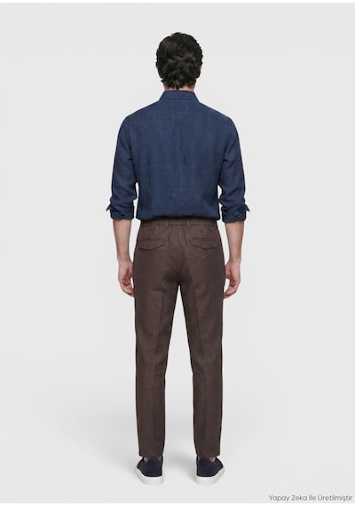 Ramsey İndigo Düz Casual Fit Uzun Dokuma Casual %100 Keten Gömlek