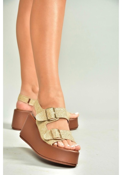 Fox Shoes U946418517 Bej Hasır Dolgu Topuklu Kadın Ayakkabı Bej-hasır
