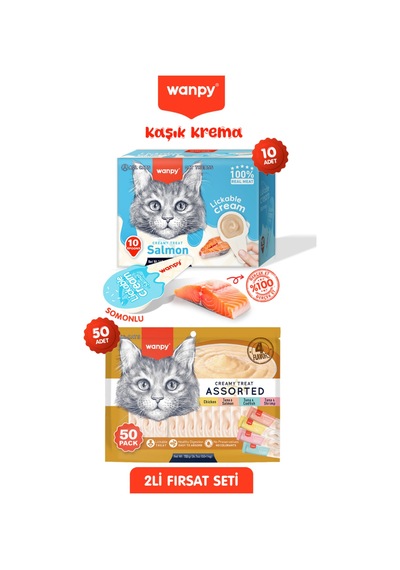 2li Set - Somonlu Tahılsız Kaşıklı Kedi Ödül Kreması Ve 50 Adet Krema Kedi Ödülü 20 X 16gr