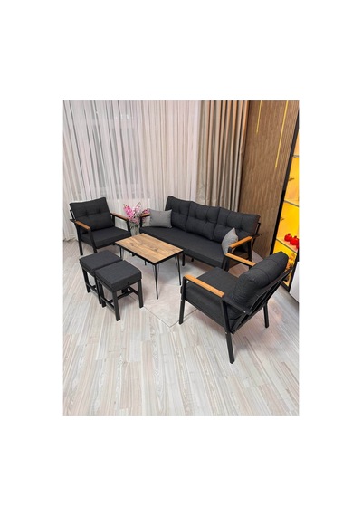 Houseart Balkon, Bahçe - Metal Kanepe Koltuk Takımı 3+1+1 + 2 Adet Puf + Sehpa Antrasit Houseart Balkon, Bahçe - Metal Kanepe Koltuk Takımı 3+1+1 + 2 Adet Puf + Sehpa Antrasit