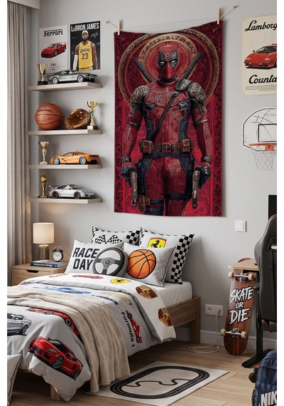 Deadpool Kahraman Duvar Örtüsü, Gamer Oda Dekoru, Çizgi Roman Temalı Kumaş Duvar Halısı Beyaz