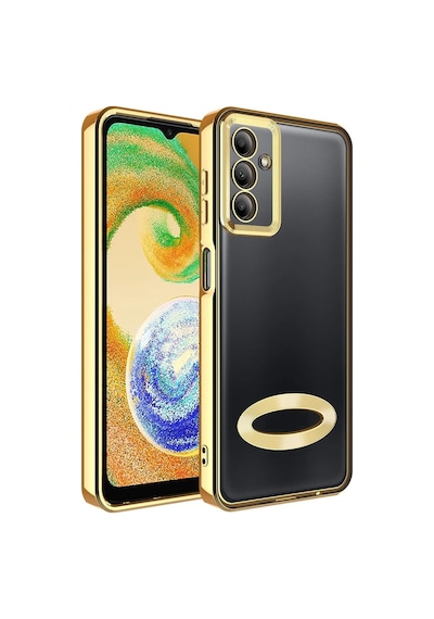 Fibaks Galaxy A04s/m13 Uyumlu Kılıf Kamera Lens Korumalı Şeffaf Renkli Logo Gösteren Parlak Kapak Gold
