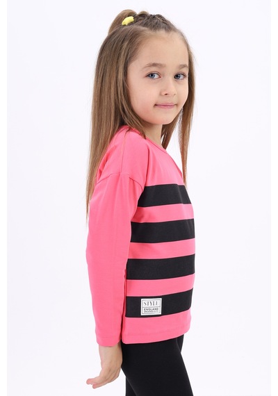 Toontoy Kids Toontoy Kız Çocuk Baskılı Bisiklet Yaka Uzun Kollu Çizgili Tişört Pembe
