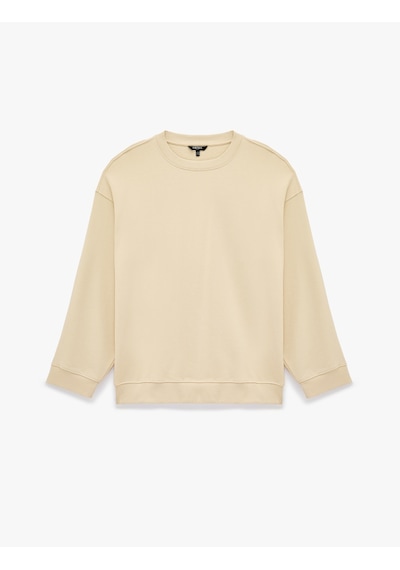 Koton Uzun Kollu Üç İplik Yıkamalı Rahat Kalıp Pamuklu Bisiklet Yaka Sweatshirt Bej 7wam70154mk Ekru