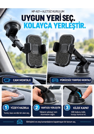 Dexxony Hp-a01 Vakum Kilitli Vantuzlu Araç İçi Telefon Tutucu 360 Döner Teleskopik Kollu Siyah Centilmen Siyah