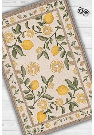 Homshtag Art Deco Limon Desenli Halı Bitki Temalı Sarı Renk Modern Limon Desenli Dijital Baskı Halı Çok Renkli