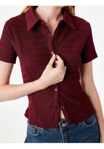 Koton Regular Fit Kısa Kollu Düğmeli Bürümcük Kumaş Polo Yaka Bluz Bordo 7wal60015ık